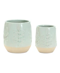 Slickblue Two-tone Porcealin Planter With Leaf Design (Set of 2)