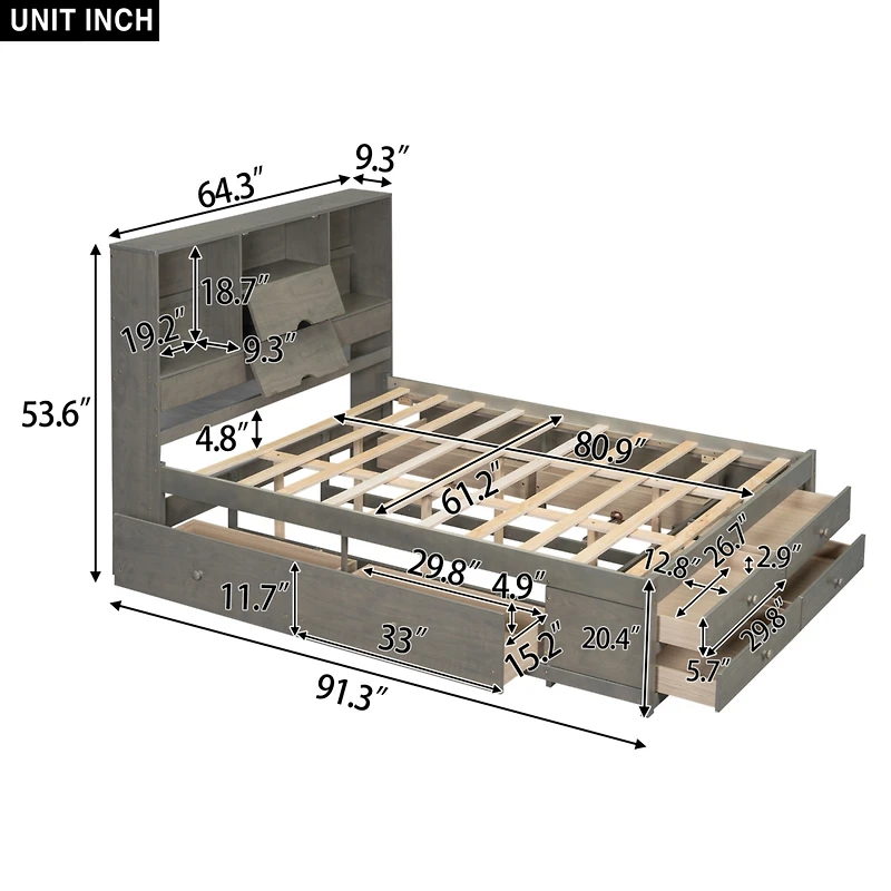Streamdale Queen Platform Bed with Storage Headboard and 8 Drawers, White