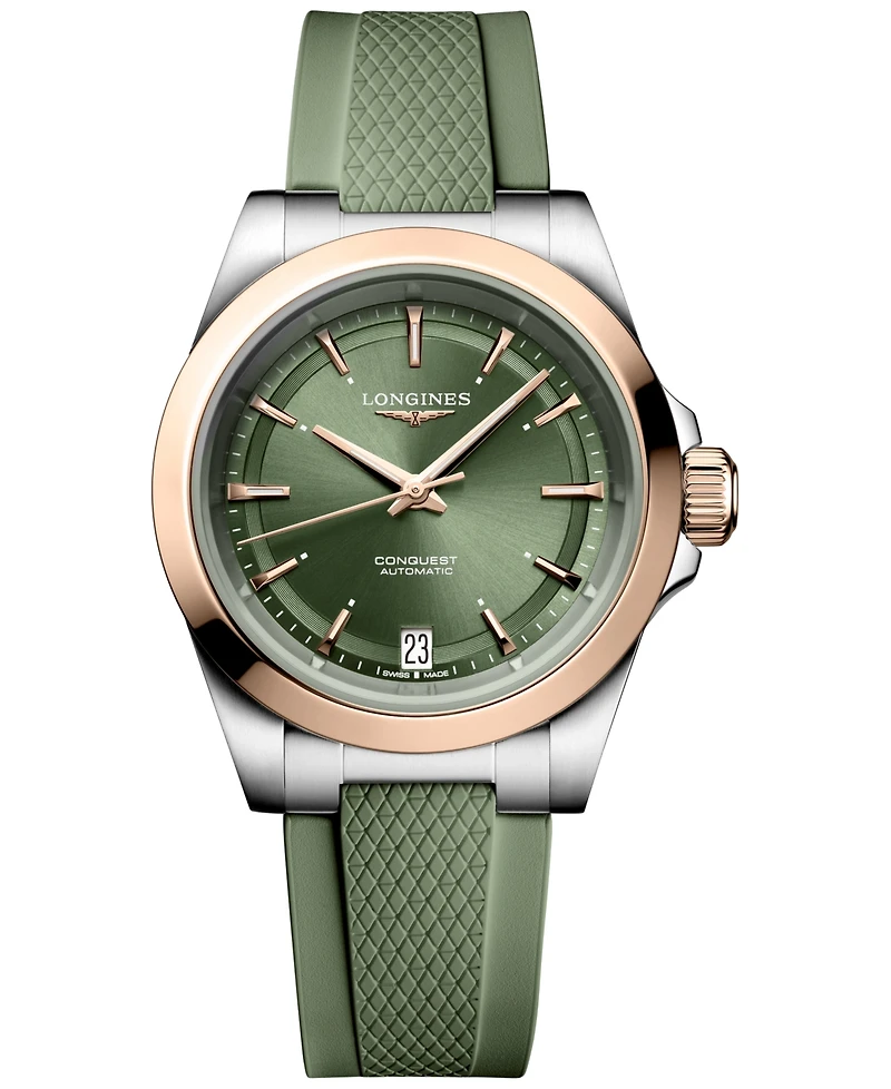 Longines Women's Swiss Automatic Conquest Green Rubber Strap Watch 34mm