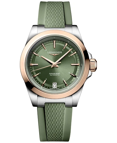 Longines Women's Swiss Automatic Conquest Green Rubber Strap Watch 34mm