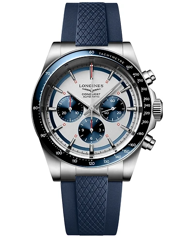Longines Men's Swiss Automatic Chronograph Conquest Blue Rubber Strap Watch 42mm