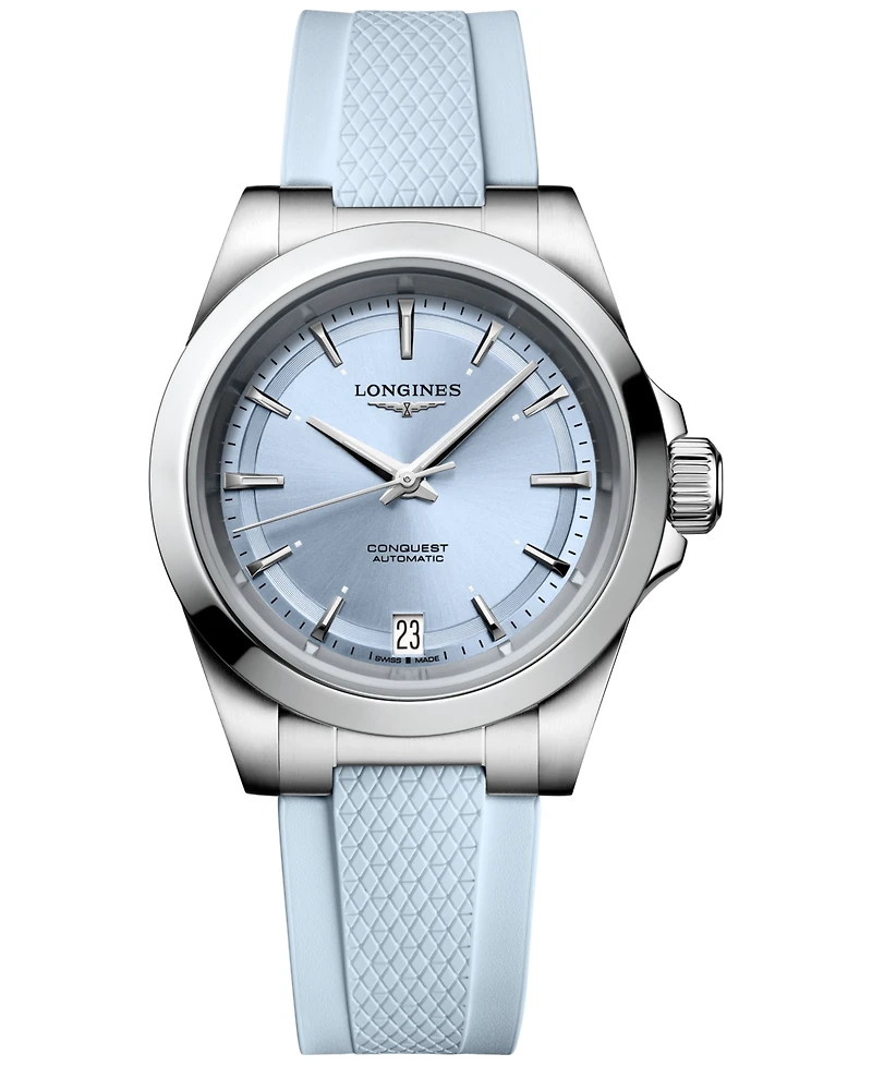 Longines Women's Swiss Automatic Conquest Blue Rubber Strap Watch 34mm