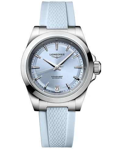 Longines Women's Swiss Automatic Conquest Blue Rubber Strap Watch 34mm