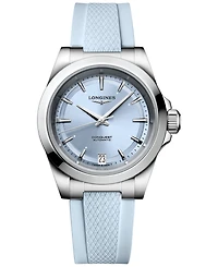 Longines Women's Swiss Automatic Conquest Blue Rubber Strap Watch 34mm