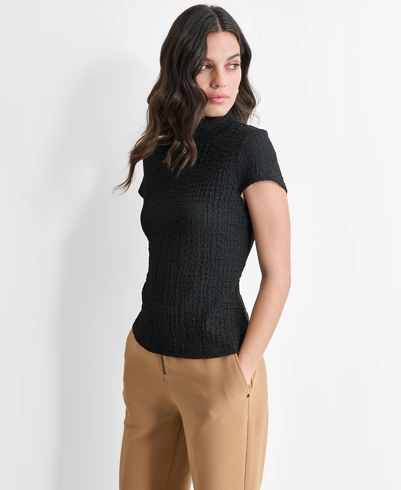 Dkny Women's Puckered Knit Mock Neck Cap-Sleeve Top