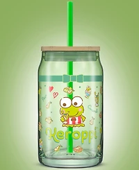 JoyJolt Hello Kitty and Friends Favorite Flavor Keroppi Can Shaped Glass Tumbler with Wood Lid and Straw