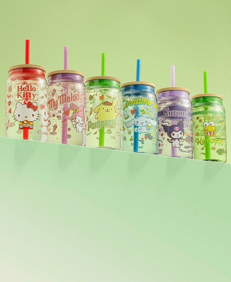 JoyJolt Hello Kitty and Friends Favorite Flavor Pompompurin Can Shaped Glass Tumbler with Wood Lid and Straw