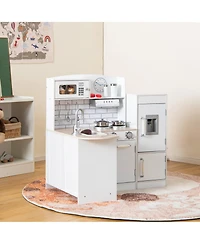 Costway Kids Corner Kitchen Playset Wooden Play Kitchen with Microwave&Fridge