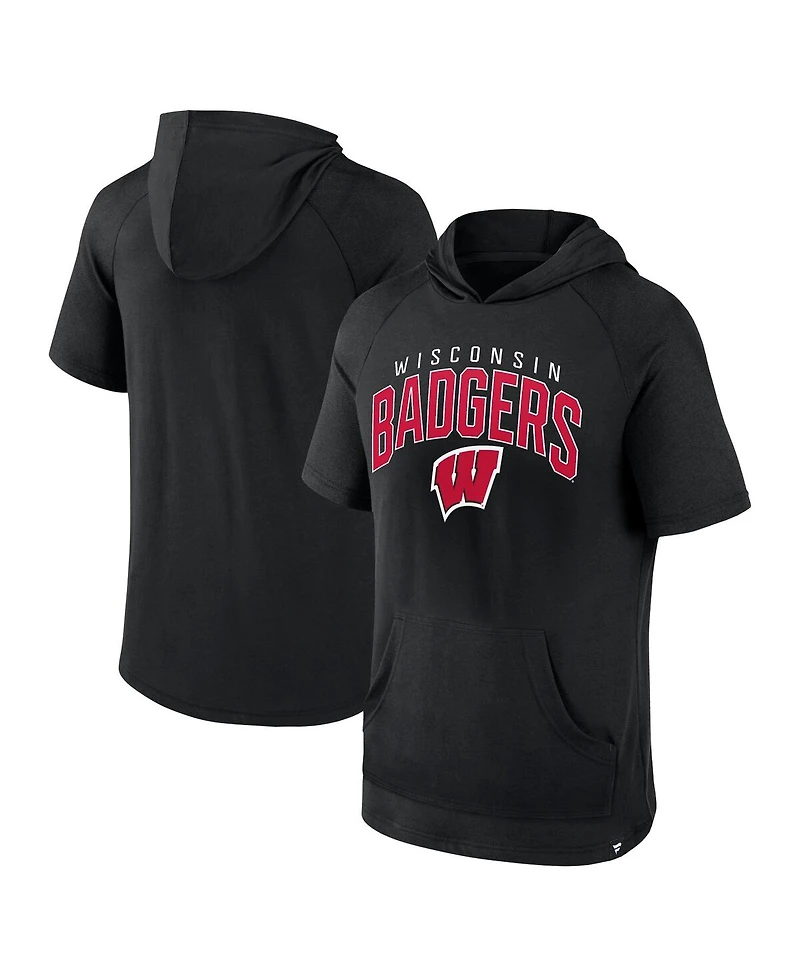 Fanatics Men's Black Wisconsin Badgers Double Arch Raglan Short Sleeve Hoodie T-Shirt