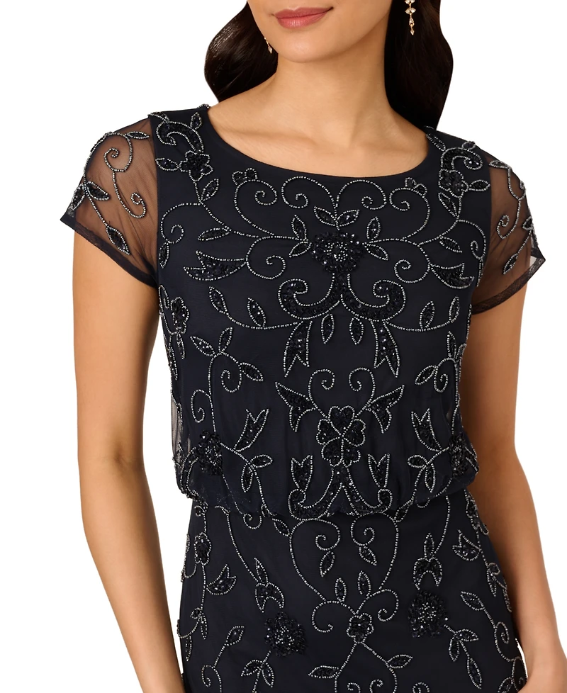 Adrianna Papell Petite Boat-Neck Short-Sleeve Beaded Blouson Gown