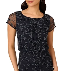 Adrianna Papell Petite Boat-Neck Short-Sleeve Beaded Blouson Gown