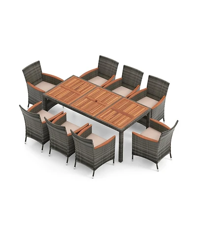 Sugift 9 Pieces Rattan Patio Dining Set with Acacia Wood Table and Cushioned Chair