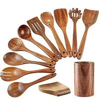 Zulay Kitchen 12-Piece Teak Wooden Utensils for Cooking - Natural Teak Utensil Set
