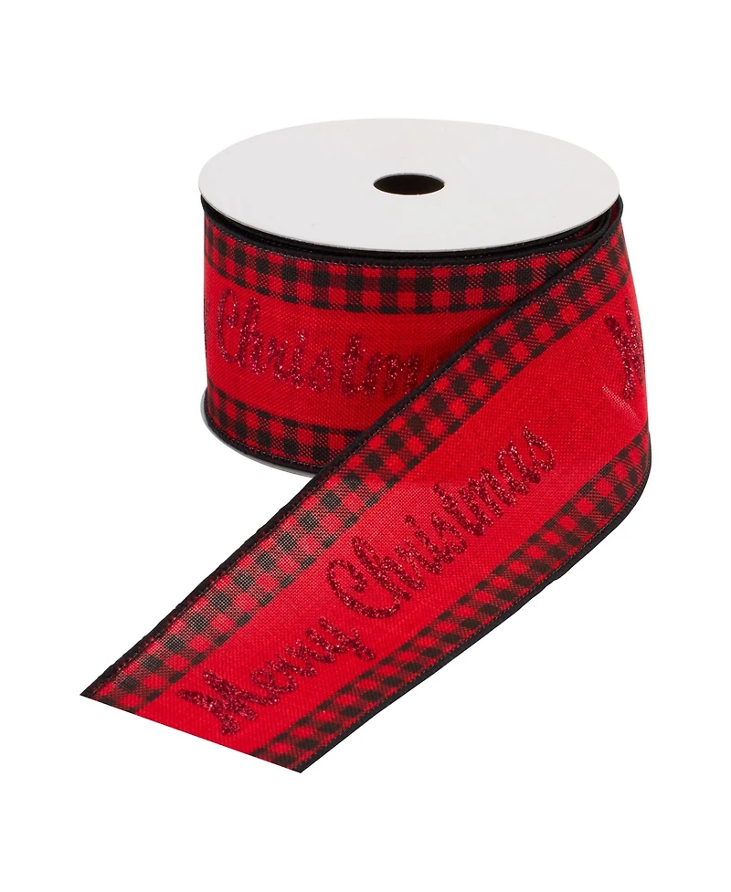 Slickblue Wired Merry Christmas Ribbon With Buffalo Plaid Accent (Set of 6)