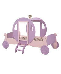 Simplie Fun Twin Size Princess Carriage Bed With Crown, Wood Platform Car Bed With Stair