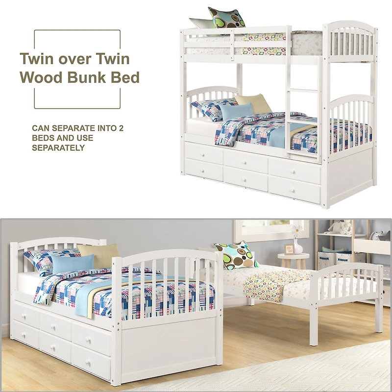 Simplie Fun Twin Bunk Bed With Ladder, Safety Rail, Twin Trundle Bed With 3 Drawers For Teens Bedroom