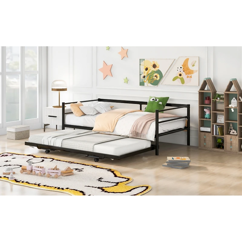 Streamdale Twin Metal Daybed With Adjustable Trundle, Pop Up Silver