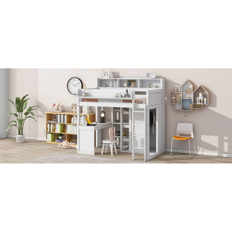 Streamdale Wood Twin Loft Bed With Multiple Storage Shelves And Wardrobe