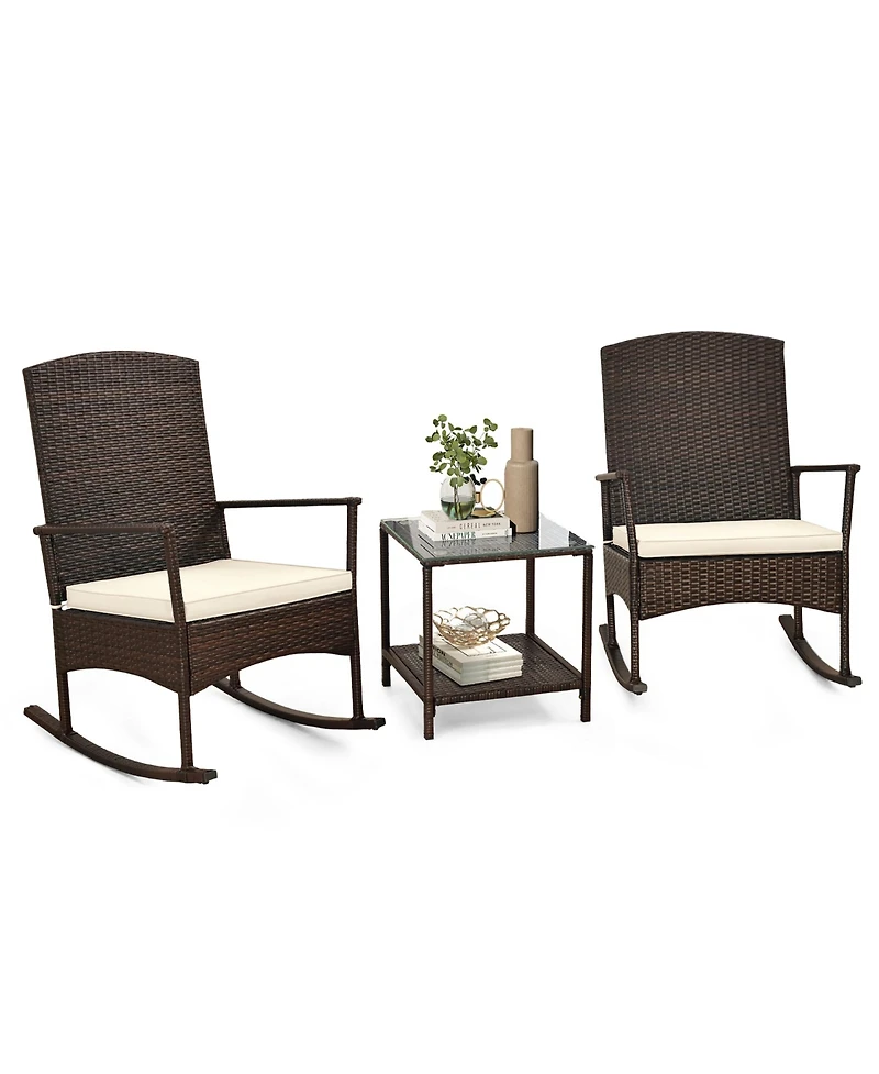 Gymax 3 Pieces Rocking Wicker Bistro Set Outdoor Front Porch Rocker Chairs Conversation Turquoise