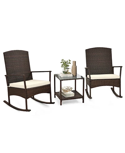 Gymax 3 Pieces Rocking Wicker Bistro Set Outdoor Front Porch Rocker Chairs Conversation Turquoise