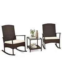 Gymax 3 Pieces Rocking Wicker Bistro Set Outdoor Front Porch Rocker Chairs Conversation Turquoise