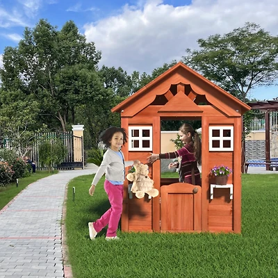 Simplie Fun Cozy Cottage Playhouse with Front Porch, Snack Window, and Durable Fir Wood