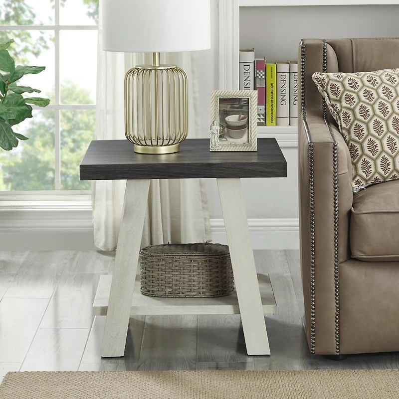 Streamdale Two-Tone Wood Shelf End Table in Weathered Charcoal and Beige