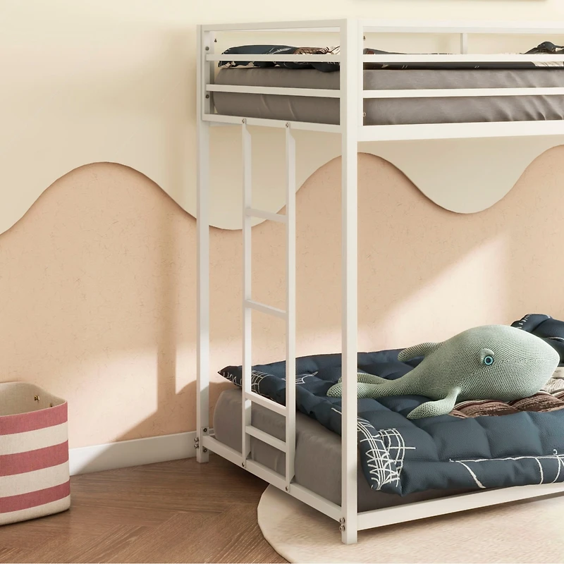 Simplie Fun Adam Sturdy Twin over Twin Metal Bunk White for Kids and Adult, Low Profile and Easy Climbing with Stable Ladder