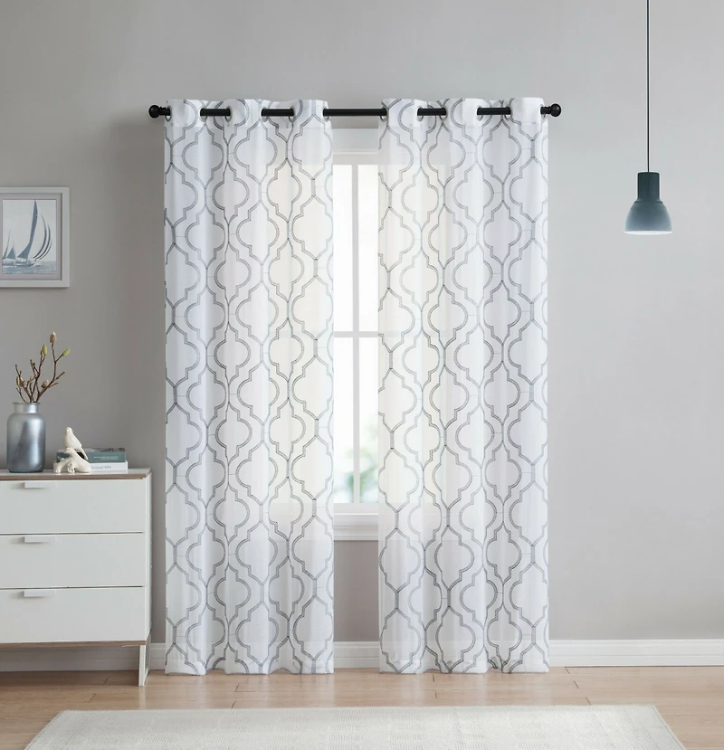 Kate Aurora 2 Piece Charlotte Clover Trellis Grommet Top Sheer Voile Window Curtain Panels