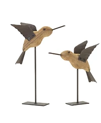 Slickblue Set of 2 Natural Fir Wood Goose Figurines with Rustic Metal Accents