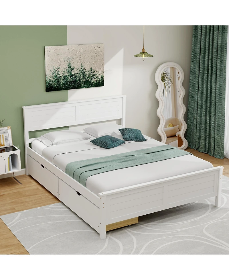 Full Bed Frame with Storage Drawers and Solid Wood Headboard