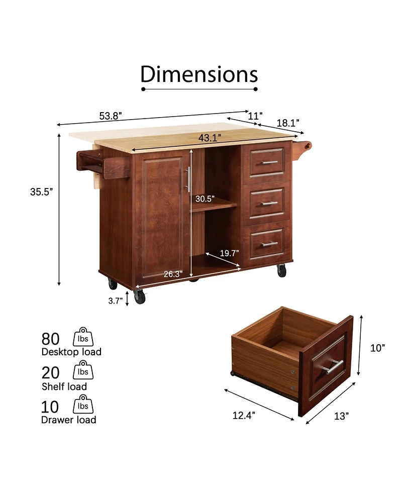 Streamdale Mobile Kitchen Island Cart With drawers