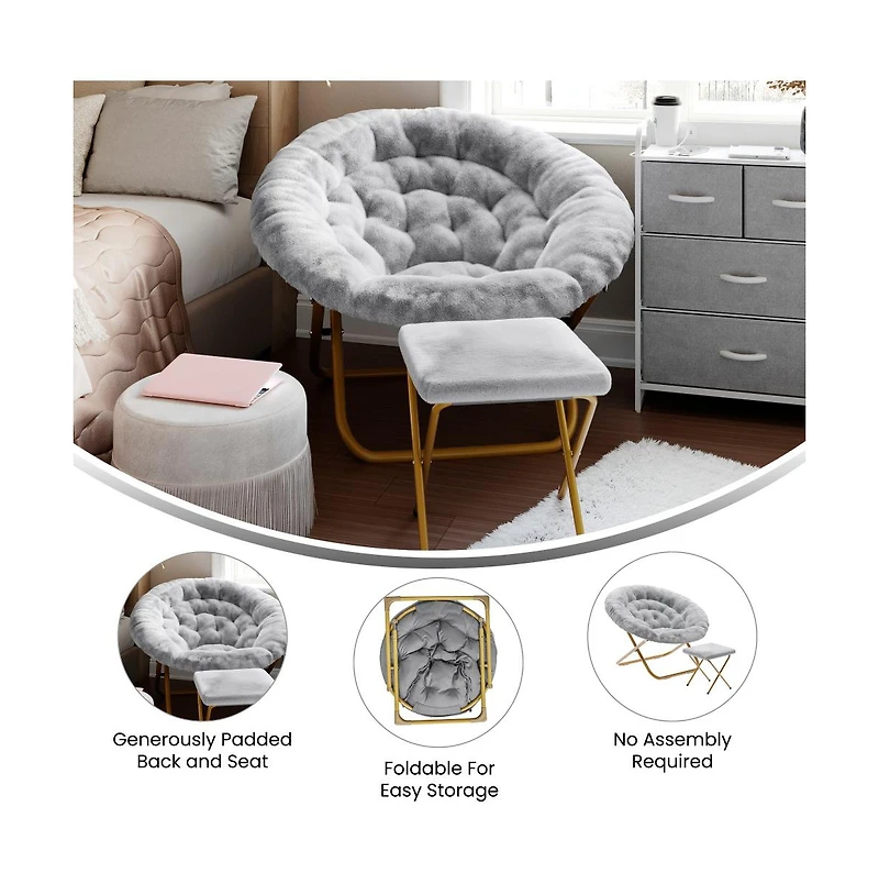 Emma+Oliver Ersa Oversize Folding Saucer Moon Chair And Ottoman For Dorm Bedroom With Steel Frames
