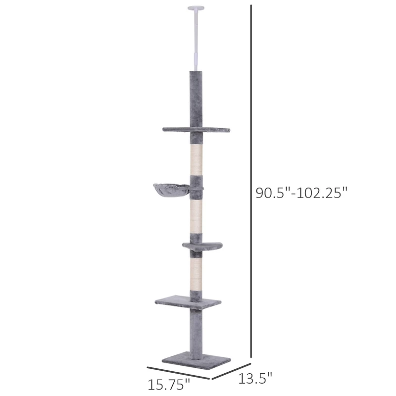 PawHut 8.5' Adjustable Floor-To-Ceiling Cat Tree w/ 5 Carpet Platforms,