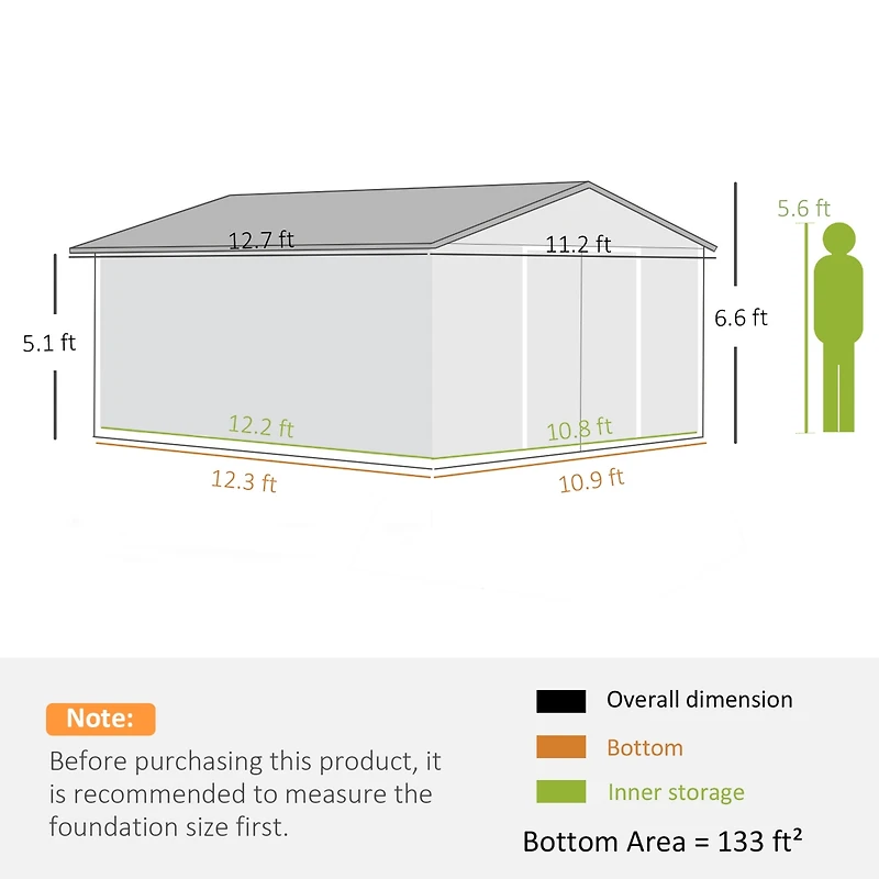 Outsunny 11' x 13' Storage Shed Garden Tool House w/ Vents Doors