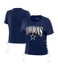 Wear by Erin Andrews Women's Navy Dallas Cowboys Lace Up Side Modest Cropped T-Shirt