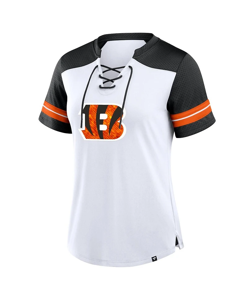 Fanatics Women's White/Black Cincinnati Bengals Foiled Primary Lace-Up T-Shirt