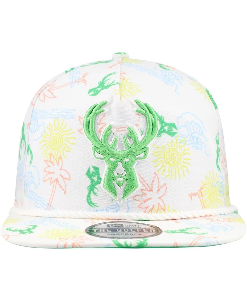 New Era Men's White Milwaukee Bucks Palm Trees and Waves Golfer Adjustable Hat