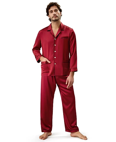 Lilysilk Men's Long Silk Pajamas Set with Contrast Trim for Men