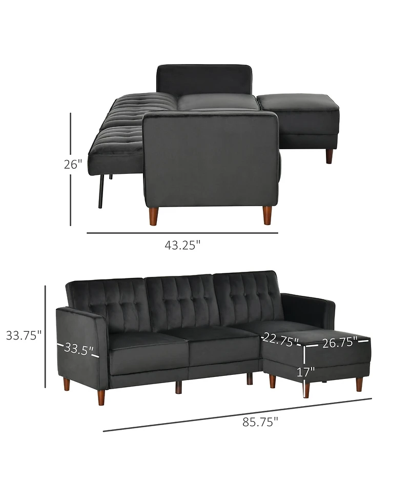 Homcom Velvet-Touch Upholste Reclining Sectional Sofa Sleeper Bed Futon
