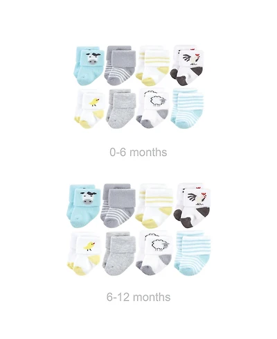 Hudson Baby Baby Boys Hudson Grow with Me Cotton Terry Socks, Farm 8-Pack, 0-6 and 6-12 Months