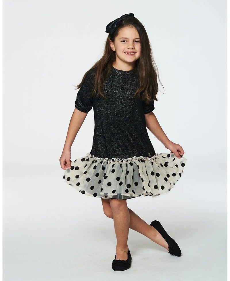 Deux par Deux Big Girls Bi-Material Long Sleeve Dress With Frill Shimmering Black