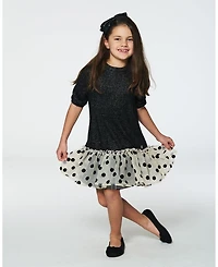 Deux par Deux Big Girls Bi-Material Long Sleeve Dress With Frill Shimmering Black
