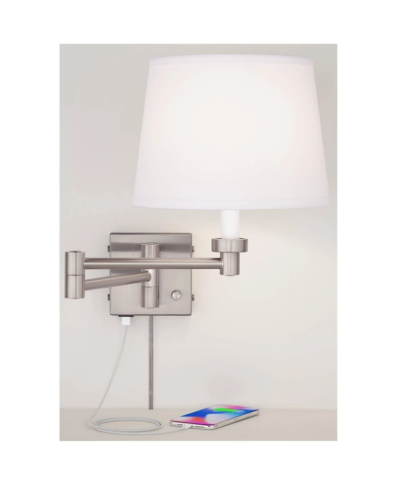 360 Lighting Vero Modern Swing Arm Wall Lamp Brushed Nickel Plug-in Light Fixture with Usb Charging Port White Drum Shade for Bedroom Bedside Reading