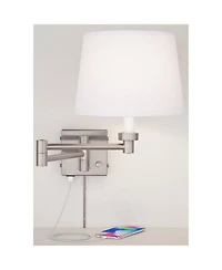 360 Lighting Vero Modern Swing Arm Wall Lamp Brushed Nickel Plug-in Light Fixture with Usb Charging Port White Drum Shade for Bedroom Bedside Reading