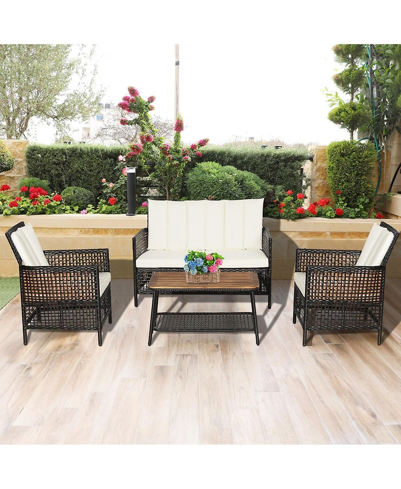 Gymax 4PCS Cushioned Patio Pe Wicker Conversation Furniture Set w/ Acacia Wood Tabletop
