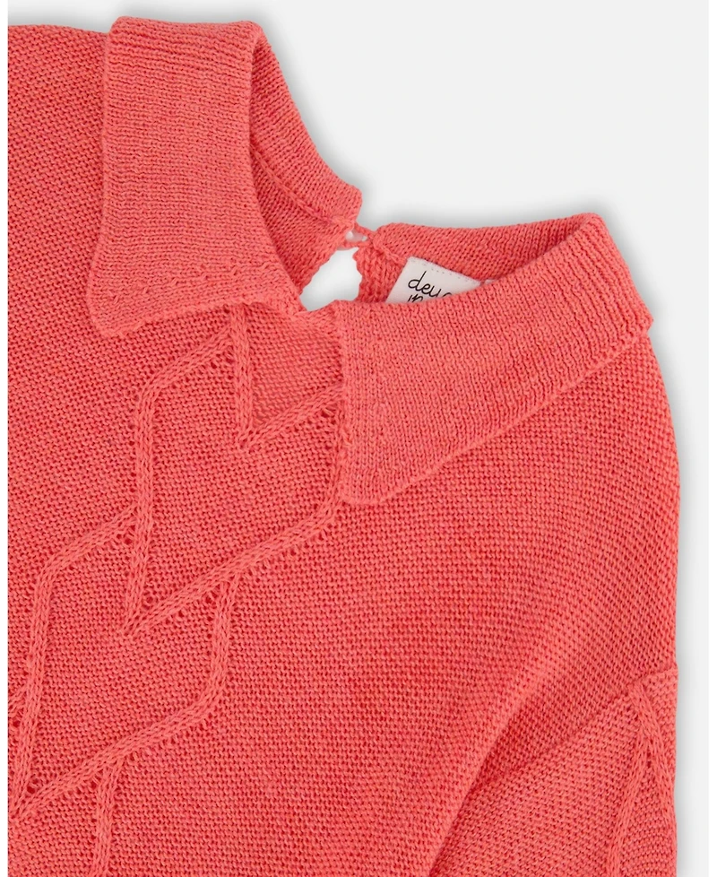 Deux par Deux Big Girls 3/4 Knit Sweater With Collar Coral
