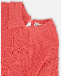 Deux par Deux Big Girls 3/4 Knit Sweater With Collar Coral
