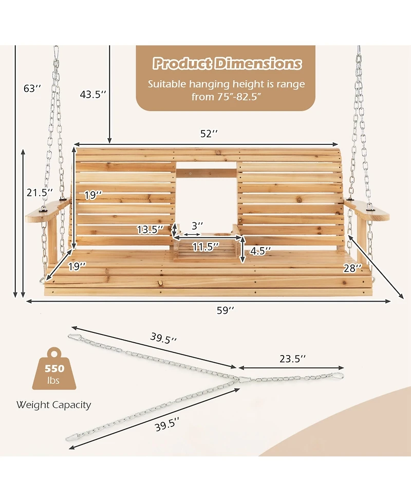 Costway 2-seat Wood Swing Bench with Folding Cup Holder and Sturdy Metal Hanging Chains