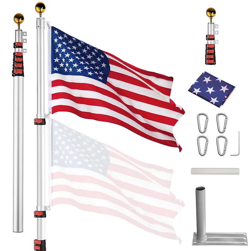 Yescom 20' Telescopic Aluminum Flag Pole Kit Tire Mount Stand w/ Gold Ball Finial Outdoor